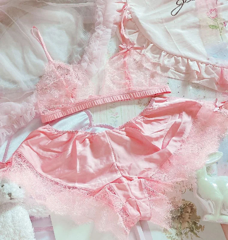 Japanese Girl Eyelash Lace Sexy Steelless Triangle Cup Satin Bra Set Comfortable Fit Bralette