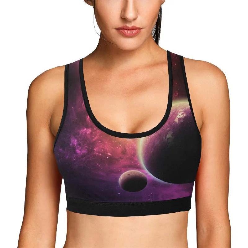 Red Galaxy Space Moon Earth Print Women Sports Bra Soft Lace Bralette