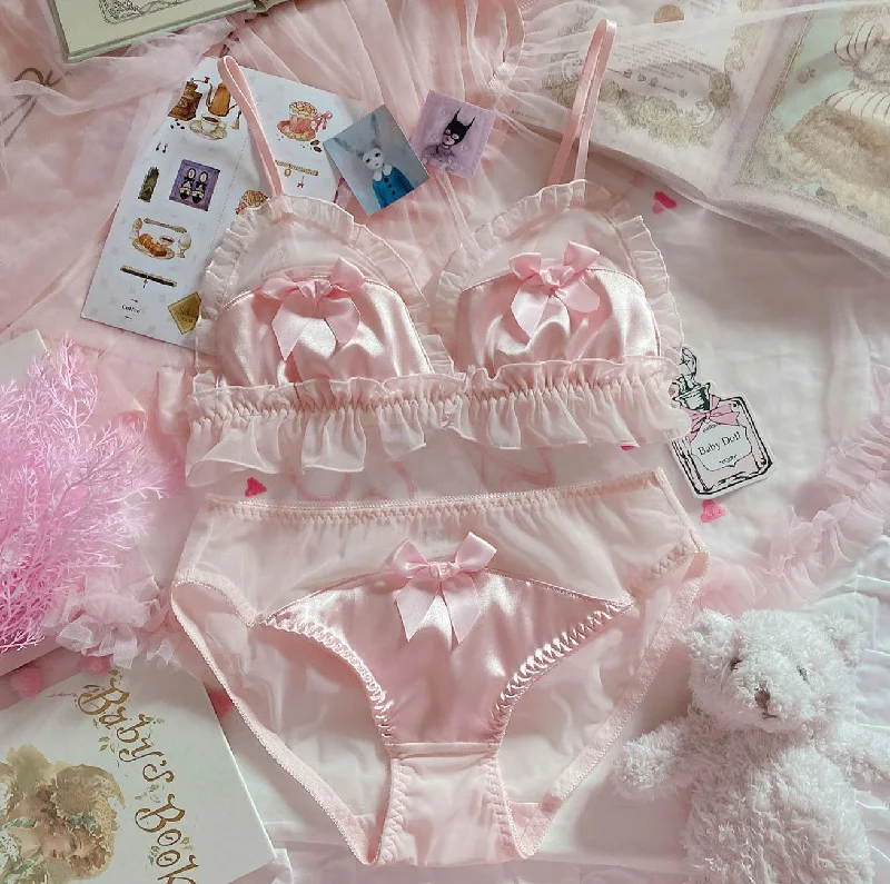 Sexy bow pink bra set Lacy Underwire Bra