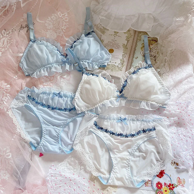 Sweet Lace Petal Ribbon Lightweight Steelless Triangle Cup Bra Set Breathable Sports Bra