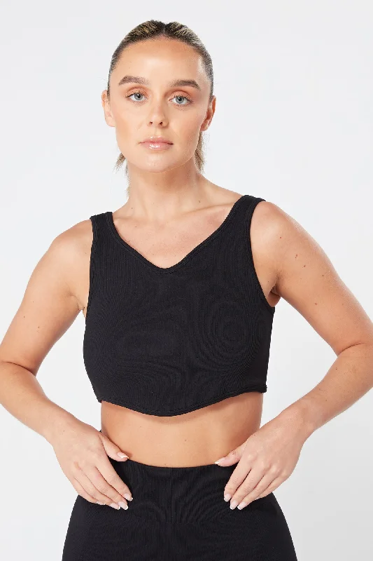 Twill Active Rib Dip Hem Sports Bra - BLACK Versatile Bralette Set