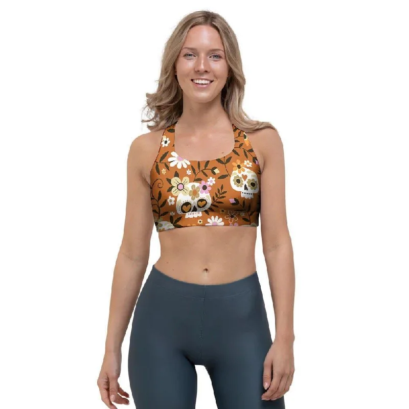 Yellow Sugar Skull Sports Bra High Support Bra