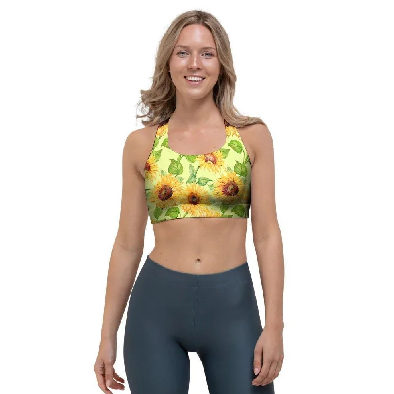 Yellow Sunflower Print Sports Bra Simple Wireless Bra