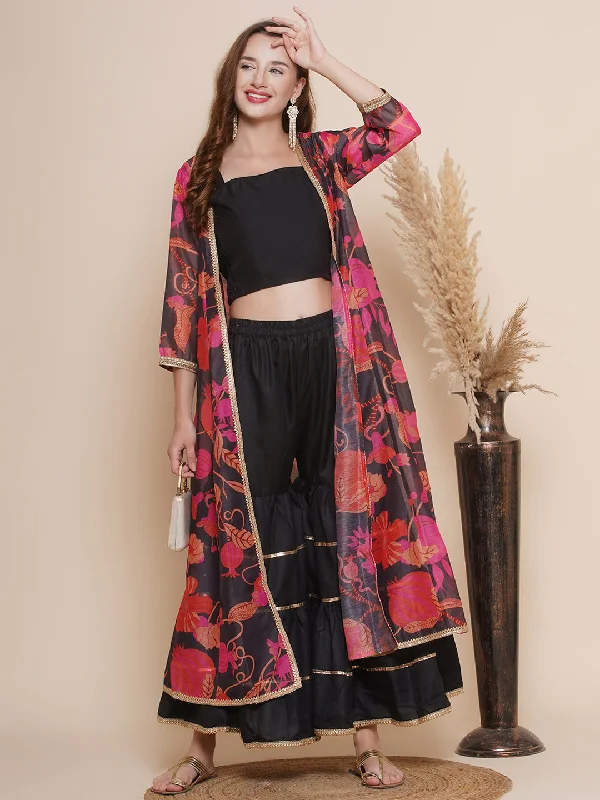 Black Floral printed Jacket, Camisole with Sharara A-Line Jacket Boat Neck Shawl Collar Black Floral printed Jacket, Camisole with Sharara A-Line Jacket Boat Neck Shawl Collar
