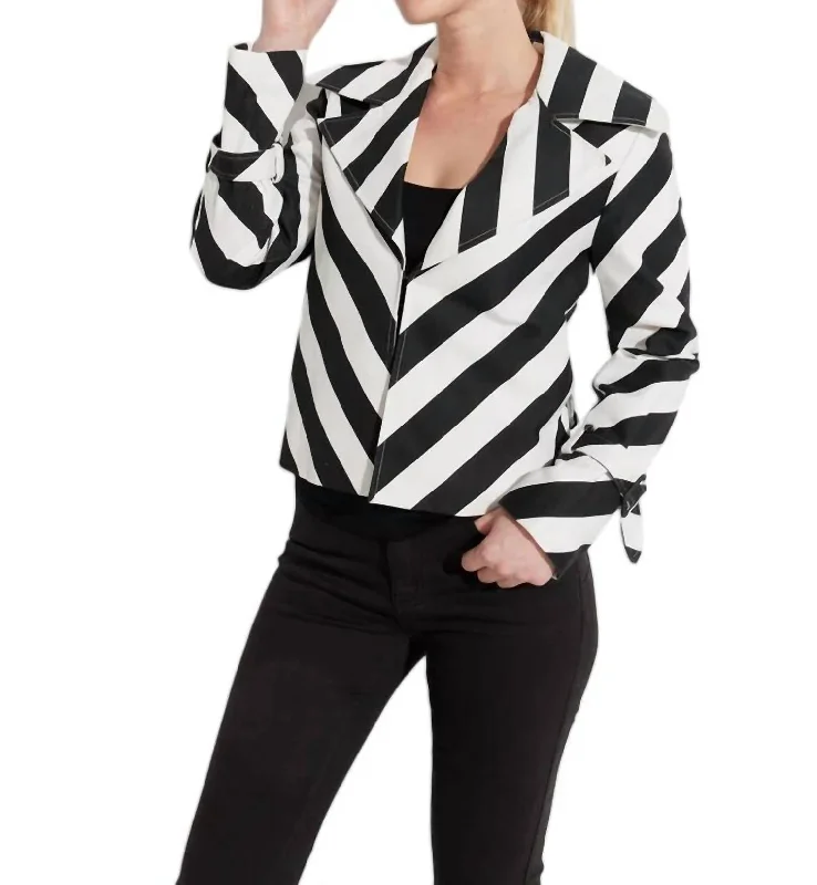 Bias Stripe Twill Jacket In Black/white Front Pockets Side Pockets Patch Pockets
