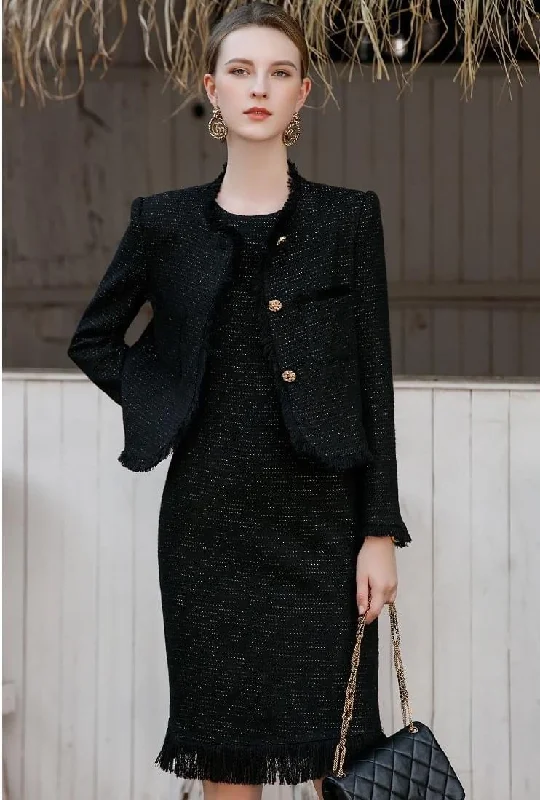 Black Tweed Button-up Jacket and Dress Set Wool Jacket Cashmere Jacket Tweed Jacket Black Tweed Button-up Jacket and Dress Set Wool Jacket Cashmere Jacket Tweed Jacket