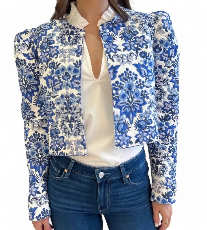 Clare Jacket In Royal Print Notch Collar Peter Pan Collar Cowl Neck