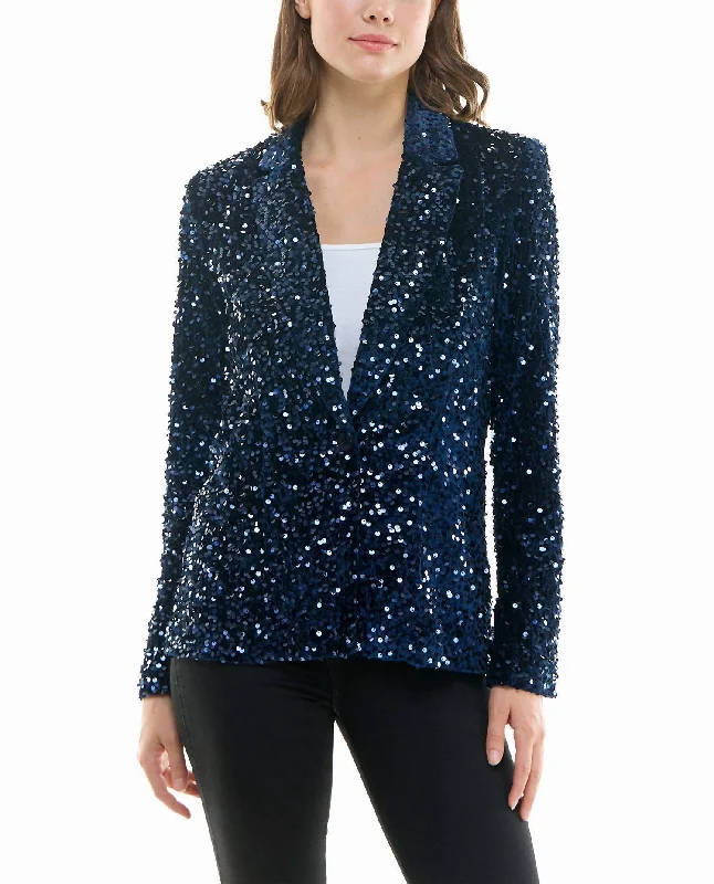 Dani Velvet Sequin Jacket In Navy Tiered Jacket Buttoned Jacket Zippered Jacket