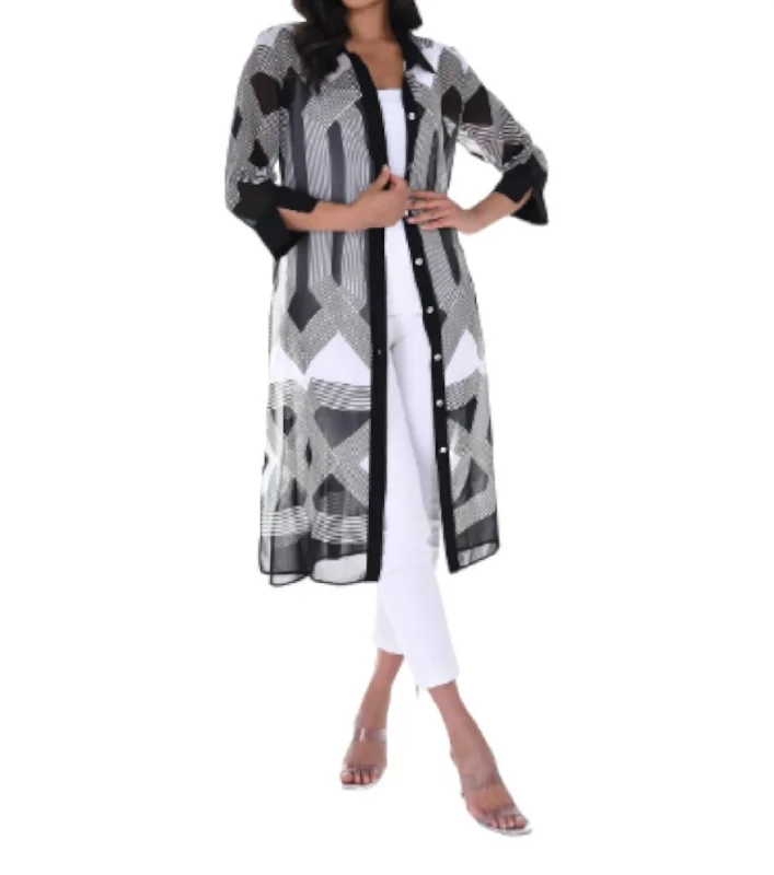 Duster Jacket In Black/off White Front Pockets Side Pockets Patch Pockets