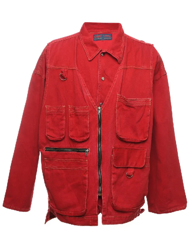 Exhaust Jeans 1990s Red Denim Utility Jacket - L Wool Fabric Cashmere Fabric Tweed Fabric Exhaust Jeans 1990s Red Denim Utility Jacket - L Wool Fabric Cashmere Fabric Tweed Fabric