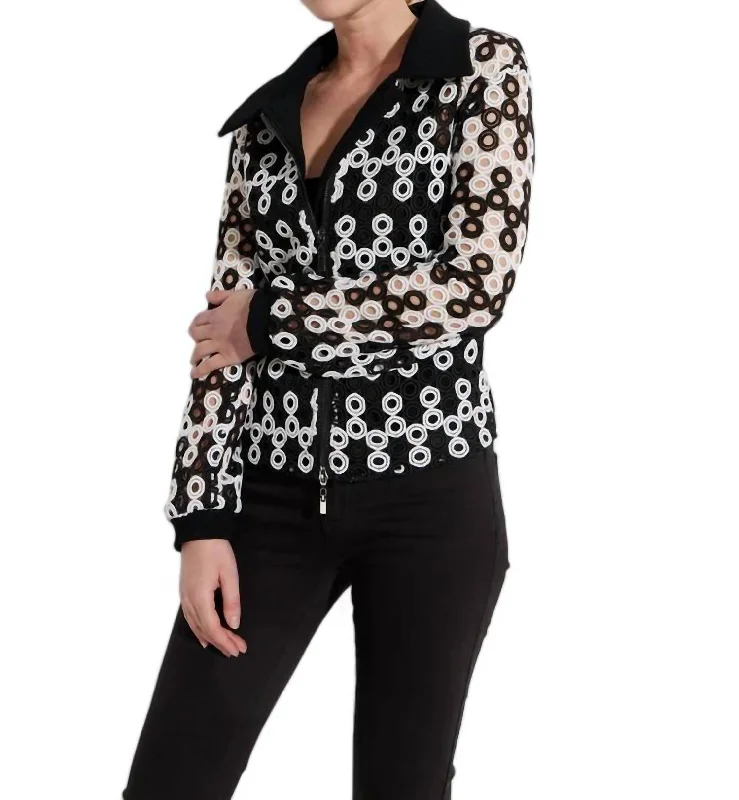 Eyelet Zip Jacket In Black/white Stand-Up Collar Roll-Neck Collar Turtle Neck