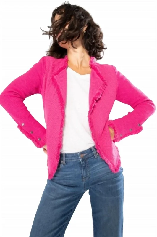 Fringe Mix Knit Jacket In Charged Pink Fleece Jacket Down Jacket Feather Jacket