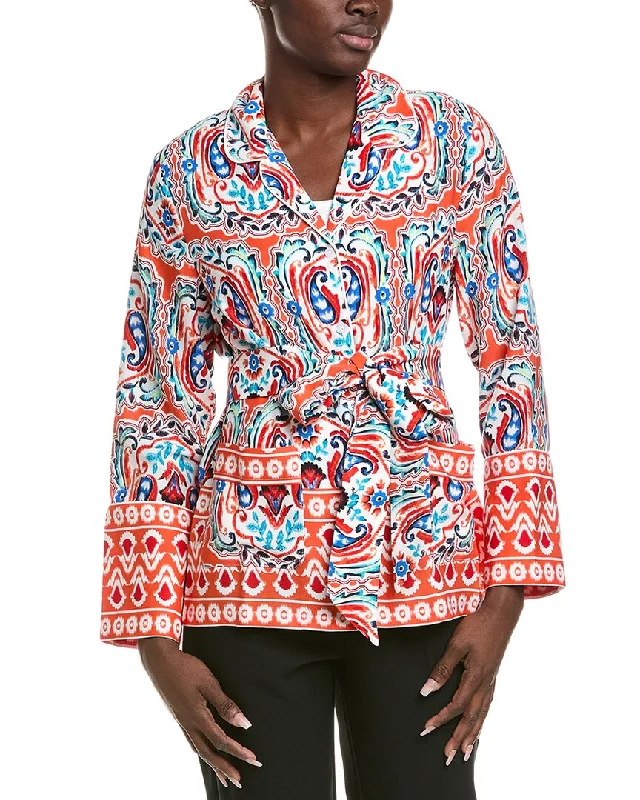 Gracia Colorful Abstract Print Waist Tie Jacket Zippered Front Buttoned Front Snap Front Gracia Colorful Abstract Print Waist Tie Jacket Zippered Front Buttoned Front Snap Front