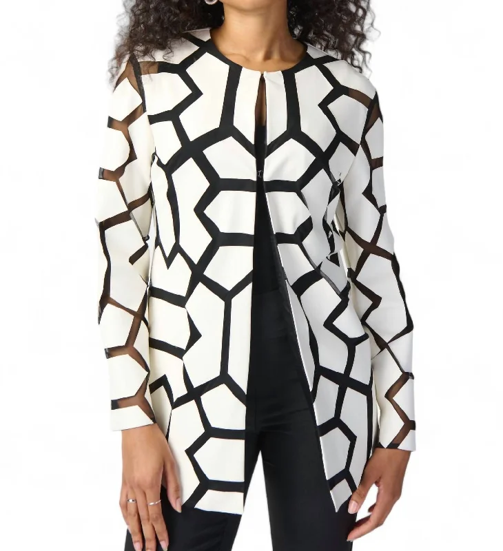 Laser-Cut Leatherette On Mesh Jacket In Vanilla/black Satin Jacket Silk Jacket Chiffon Jacket Laser-Cut Leatherette On Mesh Jacket In Vanilla/black Satin Jacket Silk Jacket Chiffon Jacket