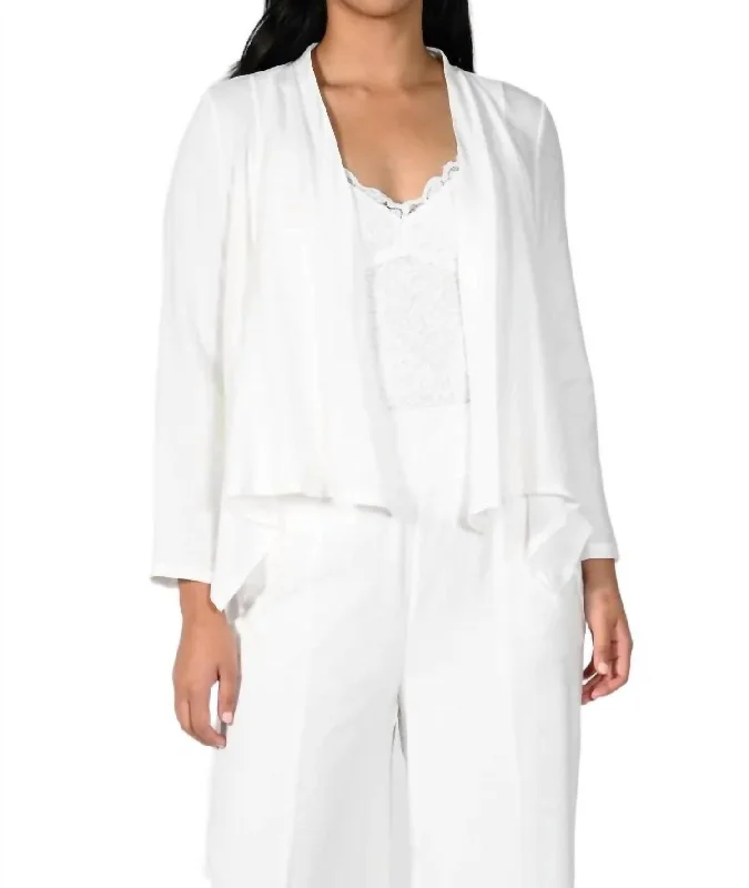 Long Sleeve Draped Jacket In White Boat Neck Shawl Collar Notched Collar