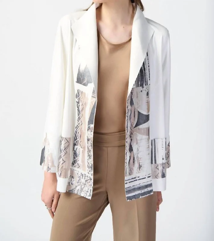 Patchwork Suede Jacket With Foil Print Accents In Vanilla/multi Zippered Jacket Buttoned Jacket Snapped Jacket Patchwork Suede Jacket With Foil Print Accents In Vanilla/multi Zippered Jacket Buttoned Jacket Snapped Jacket