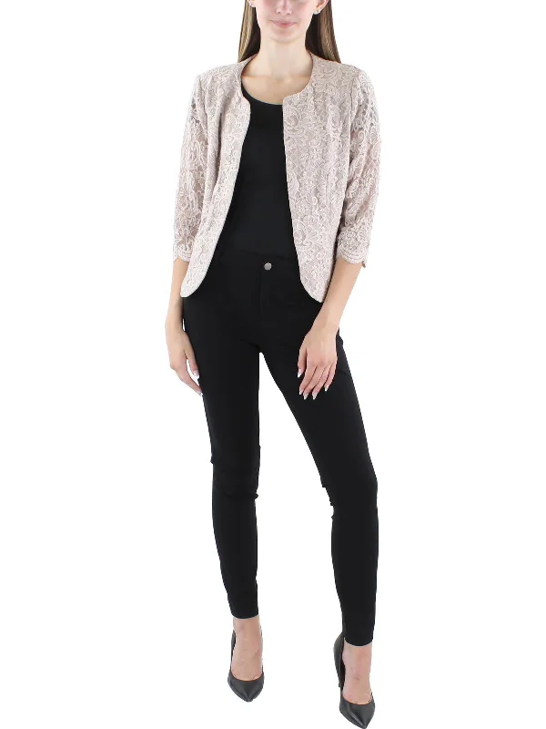 Petites Womens Lace Glitter Jacket Satin Fabric Silk Fabric Chiffon Fabric