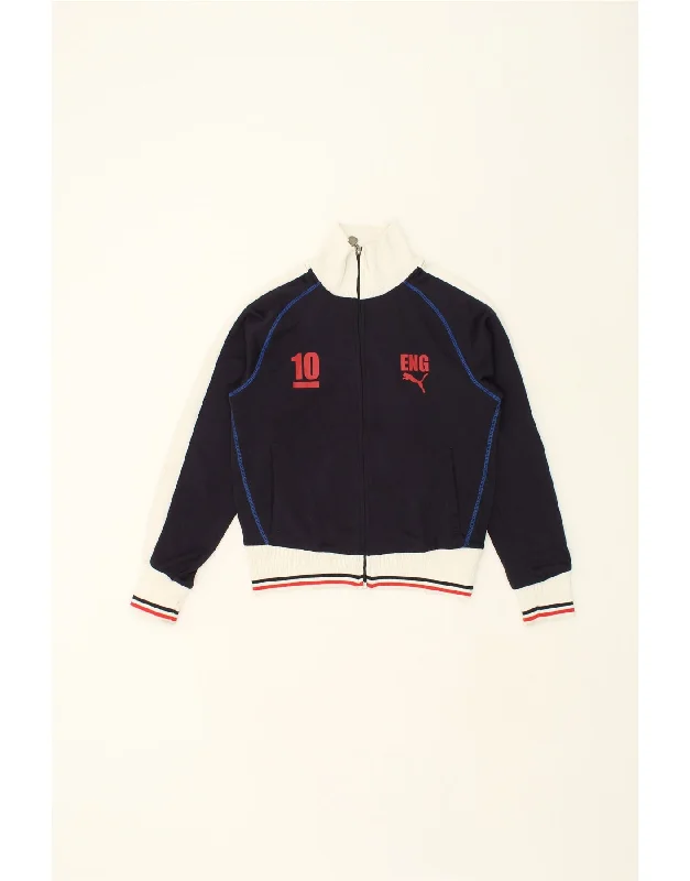 PUMA Womens Graphic Tracksuit Top Jacket UK 14 Large Navy Blue Colourblock V-Neck Jacket Boat Neck Jacket Square Neck Jacket