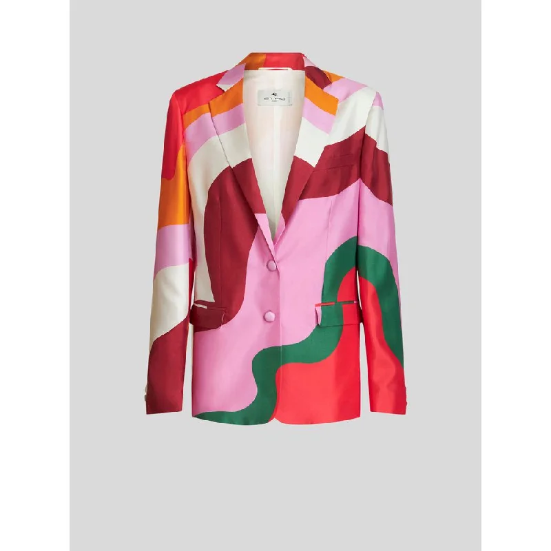 Silk Jacket With Colour Block Pattern Welt Pockets Slit Pockets Flap Pockets