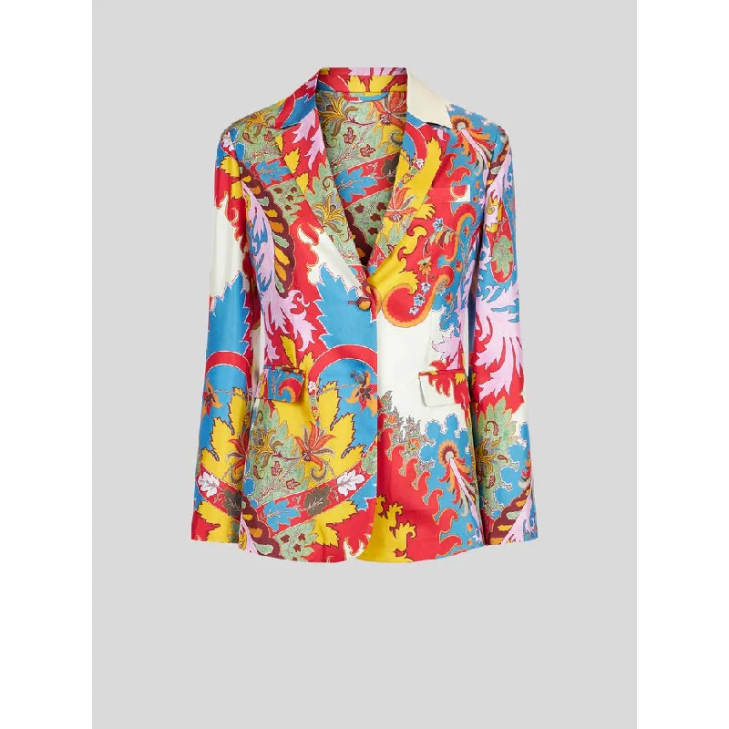Tailored Printed Silk Jacket Front Pockets Side Pockets Patch Pockets