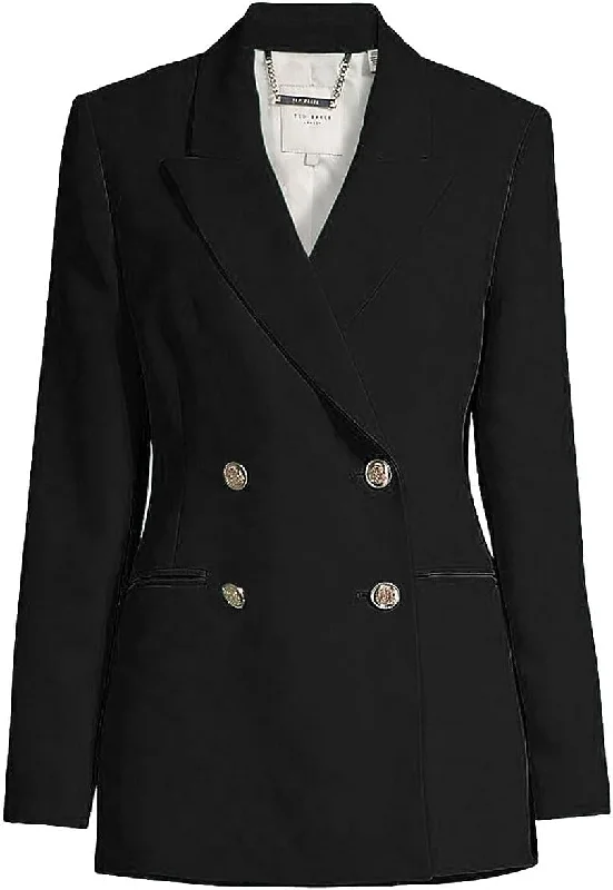 Ted Baker Women Solid Black Llayla Double Breasted Embossed Button Blazer Jacket Welt Pockets Slit Pockets Flap Pockets Ted Baker Women Solid Black Llayla Double Breasted Embossed Button Blazer Jacket Welt Pockets Slit Pockets Flap Pockets