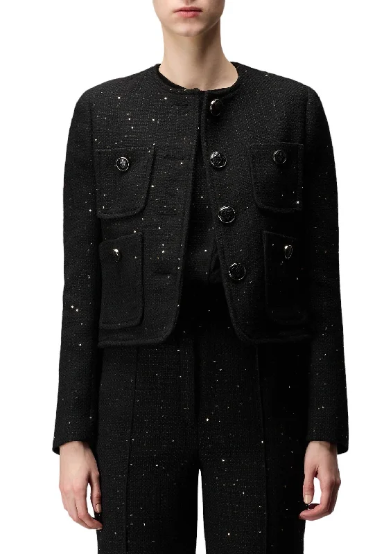 Tweed Long Sleeve Jacket In Black Boat Neck Shawl Collar Notched Collar