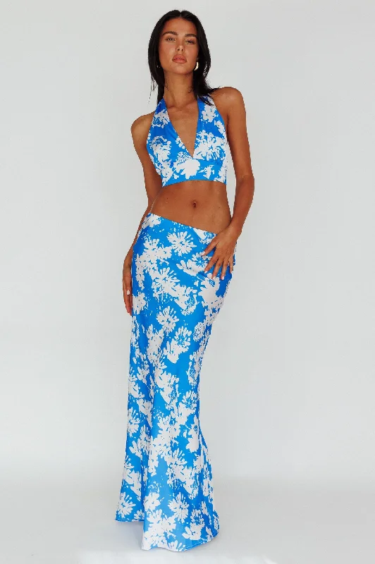 Manila Satin Maxi Skirt Blue Floral