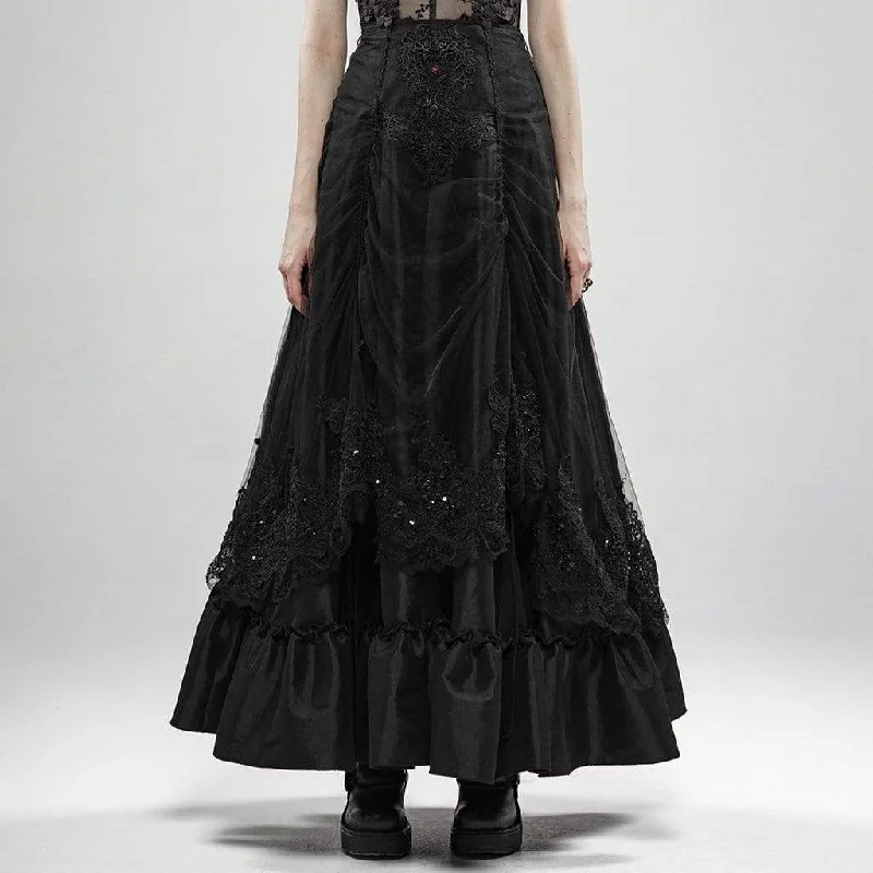 Women's Goth Multilayered Flower Embroidered Long Skirts Black