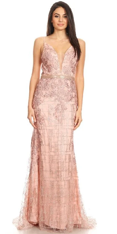 J&J Fashion 3079 Appliqued Long Prom Dress with Spaghetti Straps