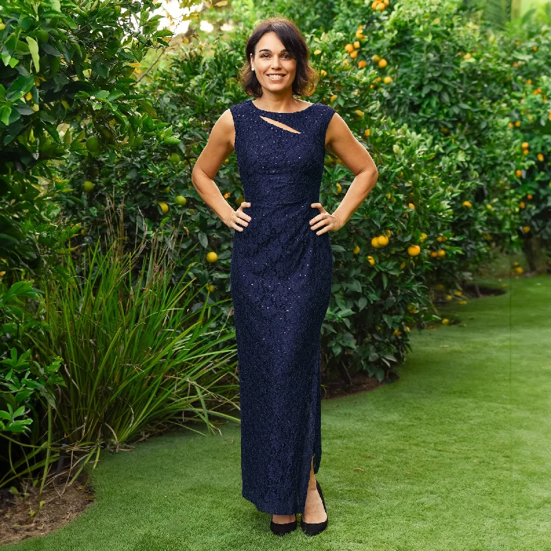 Elizabeth Navy Sequin Lace Floor Length Dress