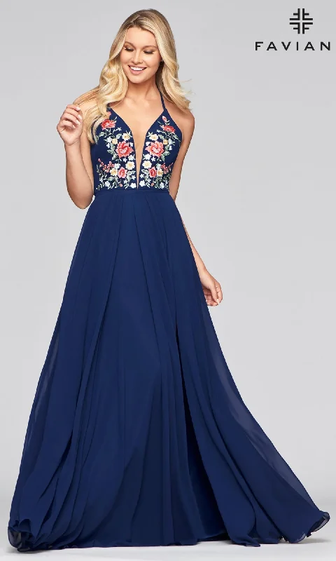 Embroidered-Bodice Long Faviana Chiffon Prom Dress