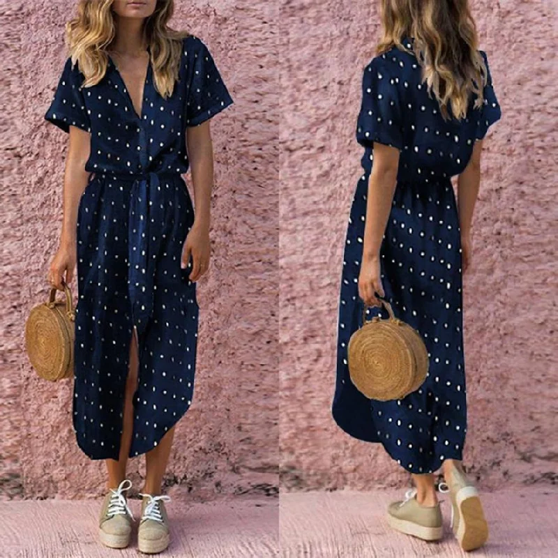 Dress Womens Sexy Casual Daily Bow Tie V Neck Dot Button Dress