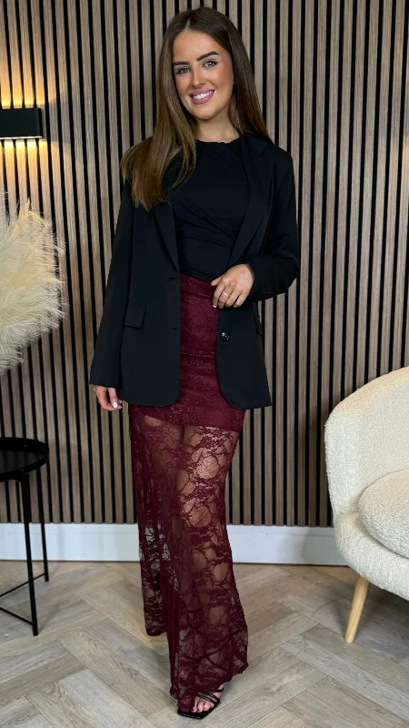 Anneke Burgundy Lace Detail Midi Skirt high waist skirt