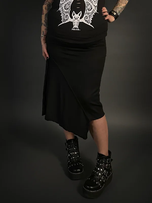 Asymmetrical Stretch Midi Skirt in Black - Punk / Goth Style chiffon skirt lightweight
