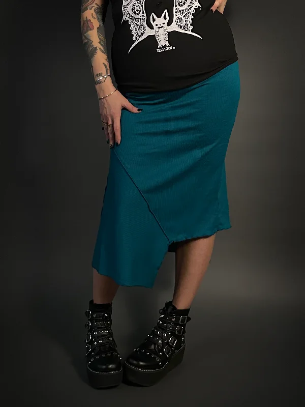 Asymmetrical Stretch Midi Skirt in Dark Emerald Blue - Alt Style silk skirt lustrous