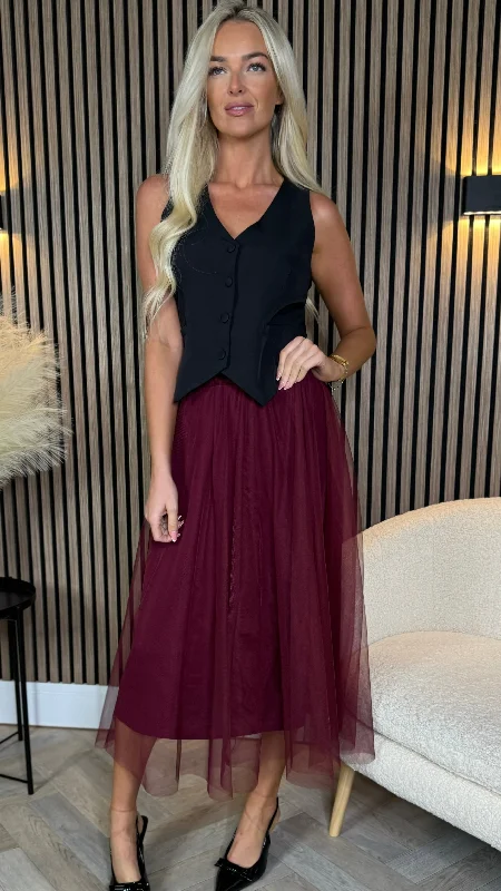 Avery Burgundy Tulle Midi Skirt summer skirt style