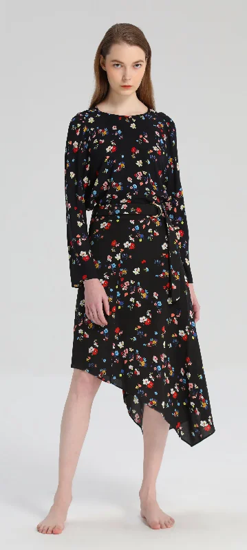 Black Silk Floral Skirt satin skirt smooth