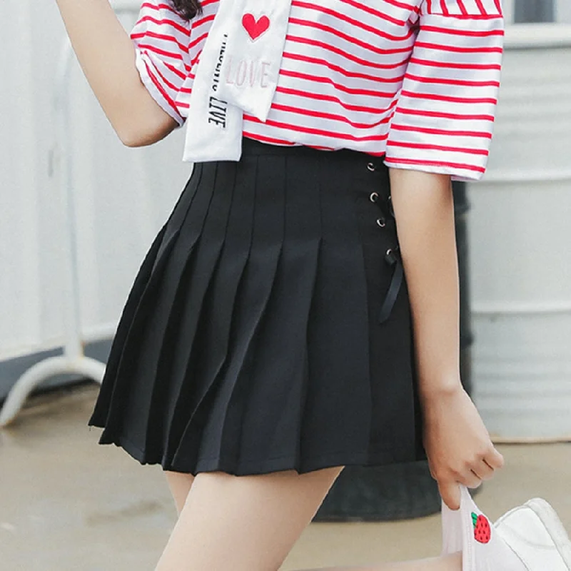 Energetic Short Pleated School Girl Lace-up Skirts J40108 summer skirt style