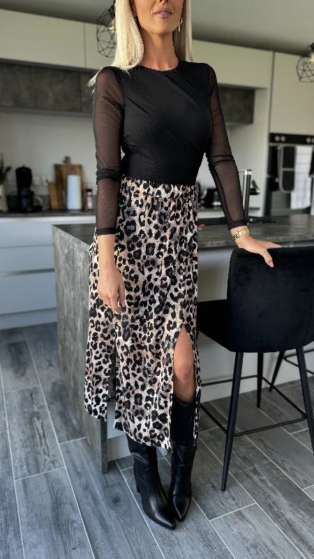 Coralena Beige & Black Leopard Print Midi Skirt denim skirt casual