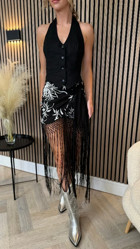 Cordelia Black & White Printed Fringed Midi Skirt patchwork skirt art