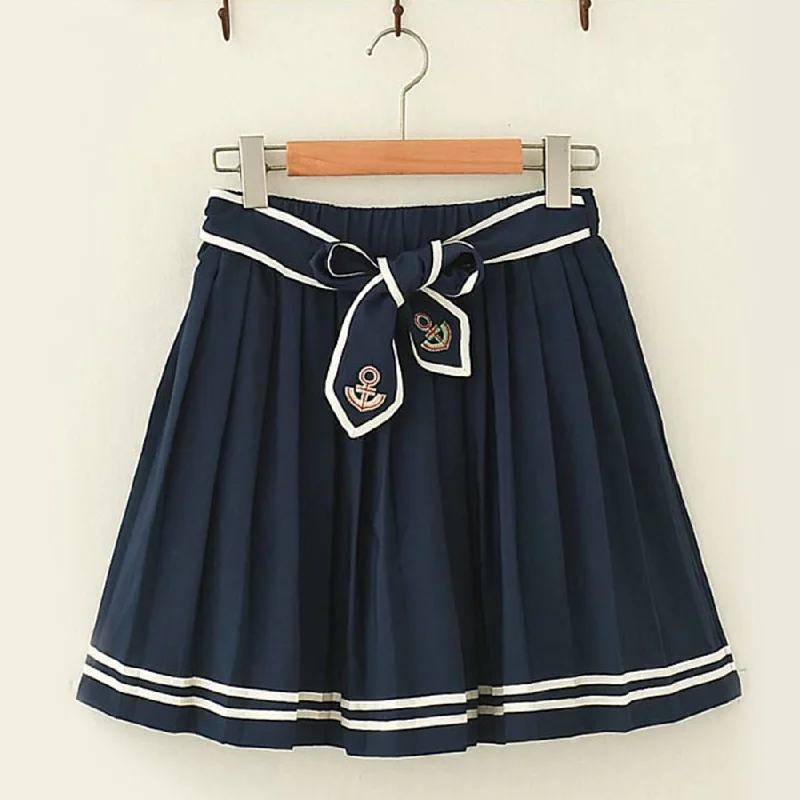 Anchor Embroidery Navy Skirt J20001 linen skirt breathable