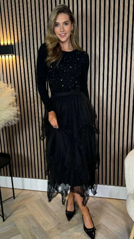 Croia Black Tiered Detail Midi Skirt pleated skirt texture