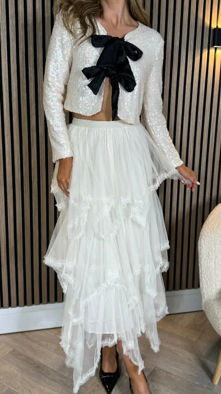 Croia Cream Tiered Tulle Detail Midi Skirt mini skirt trendy