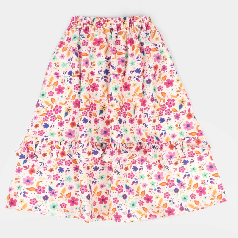 Girls Cotton Digital Print Long Skirt Rain Blush - Multi ruffled skirt detail
