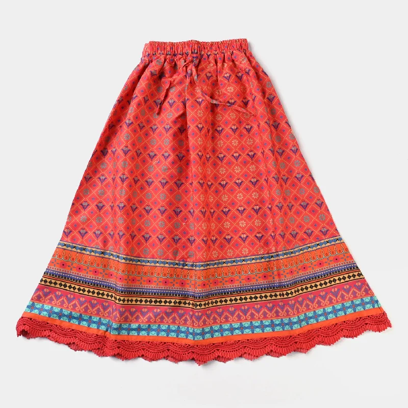 Girls Cotton Poplin Long Skirt Traditional Cross Stitch-Orange breathable skirt fabric