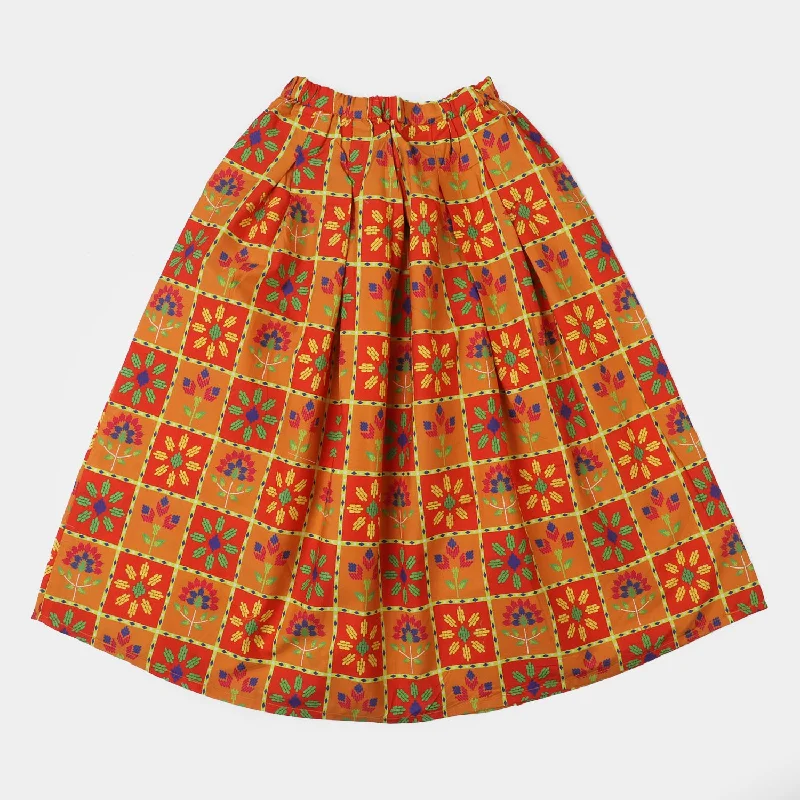 Girls Digital Print Cotton Long Skirt - Multi linen skirt breathable