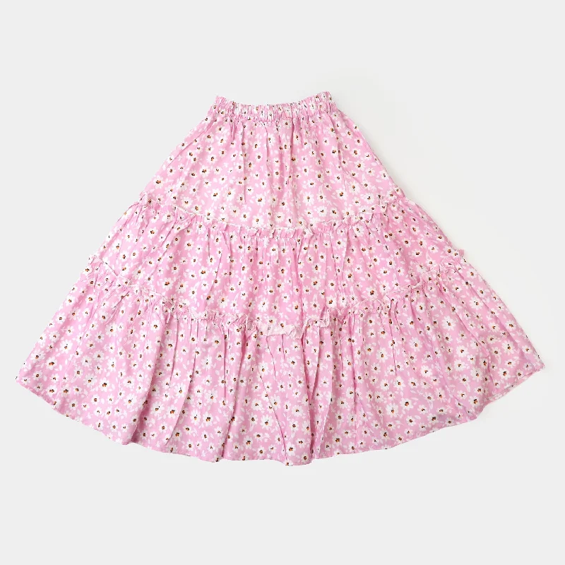 Girls Digital Print Long Skirt Grace - Pink satin skirt smooth