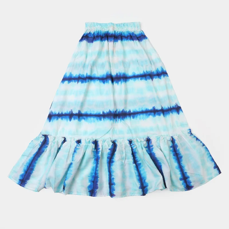 Girls Digital Print Long Skirt Lines - Blue pleated skirt texture