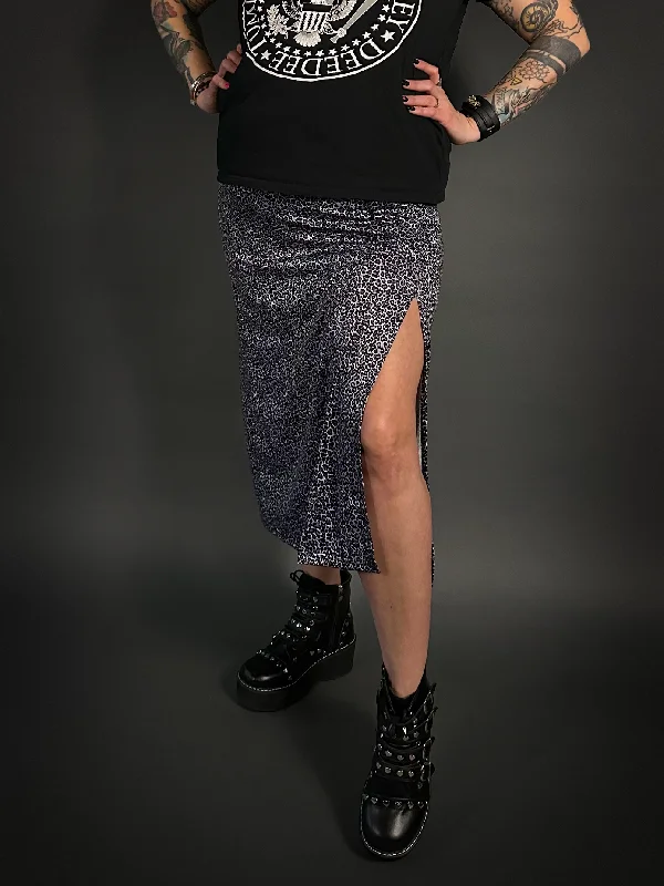 High Slit Animal Print Patterned Midi Stretch Skirt in Black, Blue, & Gray velvet skirt glossy