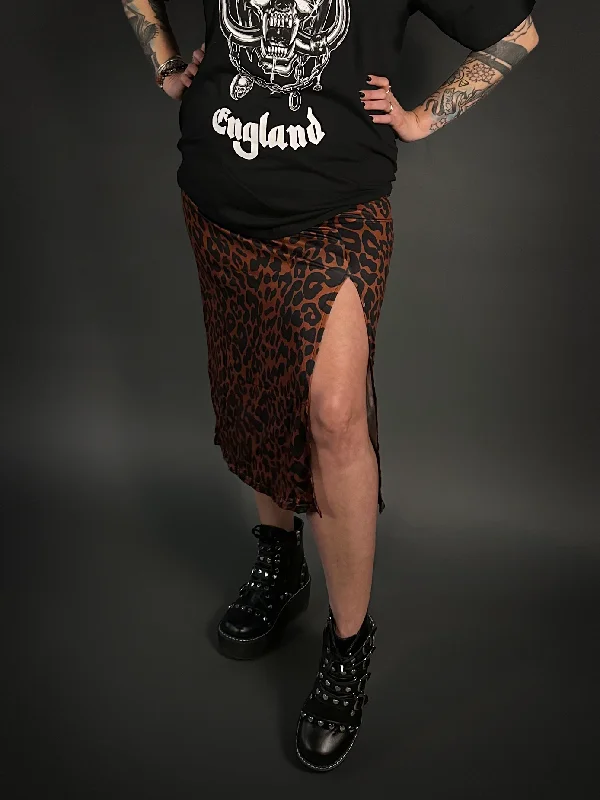 High Slit Animal Print Patterned Midi Stretch Skirt in Rust Brown & Black modal blend skirt